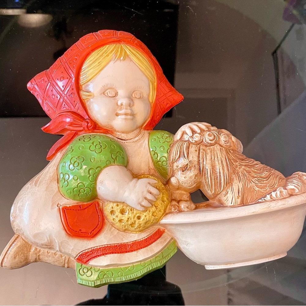 Vintage MCM Retro 1970’s Homco Girl Washing Dog Wall Art